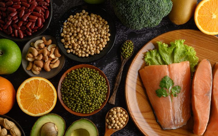 legumes-fruit-salmon-pieces-wooden-plate